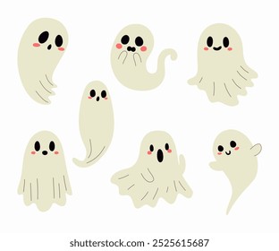 Conjunto de fantasmas bonitos. Silhuetas fantasmas assustadoras e engraçadas. Decorações tradicionais de Halloween. Ilustração vetorial.