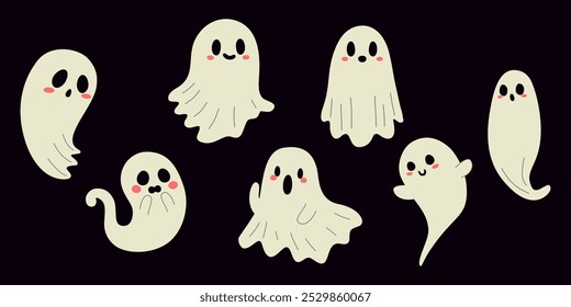 Conjunto de fantasmas bonitos. Silhuetas fantasmas assustadoras e engraçadas. Decorações tradicionais de Halloween. Ilustração vetorial.