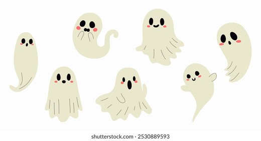 Conjunto de fantasmas bonitos. Silhuetas fantasmas assustadoras e engraçadas. Decorações tradicionais de Halloween. Ilustração vetorial.