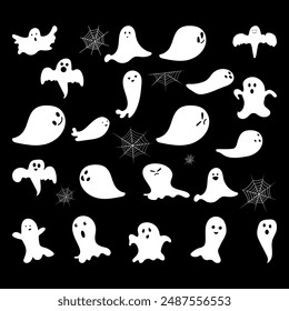 conjunto de fantasmas lindos monstruo de miedo vacaciones de otoño halloween espeluznante espíritu fantasma volador iconos con lindo espeluznante feliz y divertida caras póster o Ilustración vectorial de Anuncio