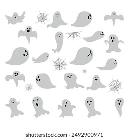 conjunto de fantasmas lindos monstruo de miedo vacaciones de otoño halloween espeluznante espíritu fantasma volador iconos con lindo espeluznante feliz y divertida caras póster o Ilustración vectorial de Anuncio