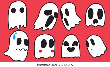 Set of cute ghosts. spooky boo characters for kids. Magic scary spirits with different emotions and facial expressions. Isolated flat cartoon vector illustrations 