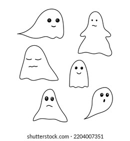 Set of cute ghosts in the style of line art. vector illustration