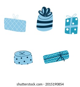 Set of cute gift boxes in blue and white colors. Vector illustration in cartoon flat childish style