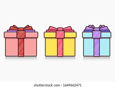 Set of cute gift boxes with bows. Multi-colored gift wrapping. Vector holiday illustration.