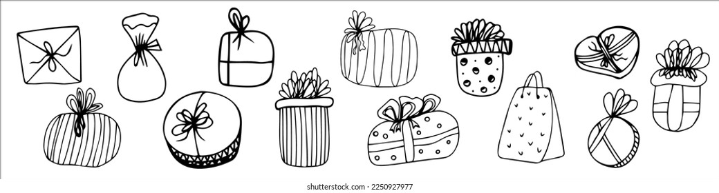 A set of cute gift boxes, doodles. Hand-drawn black and white vector illustration. Design, layout, template, logo, icon, sketch.