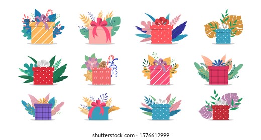 Set of cute gift boxes with ribbons and bows. Wrapped with colorfull gift papper. Birthday or christmas presents. Isolated flat illustration