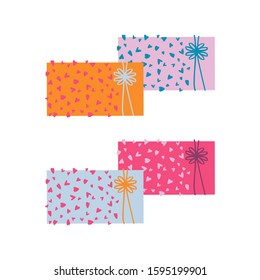 Set of cute gift or present boxes with bows and hearts. Wedding day, valentine's day, party. Print for fabric, card, invitation. Flat. Vector stock illustration.