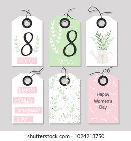 Set of cute gift tags for 8 march. Vector hand drawn illustration.