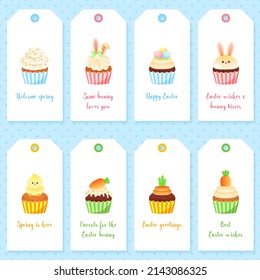 Set of cute gift tags with Easter cupcakes. Bright cartoon illustration of sweet muffins with spring decorations. Vector 10 EPS.