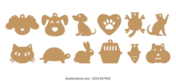 Conjunto de lindas Formas de etiquetas de regalo con diseños de animales domésticos. Plantillas de Vector para cortar con papel artesanal o cartón. Perro, gato, pez, hámster, tortuga, conejo etiqueta stencil