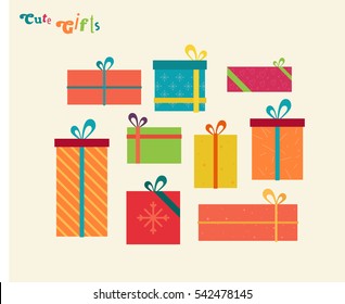 Set cute Gifts flat illustration. Bright box