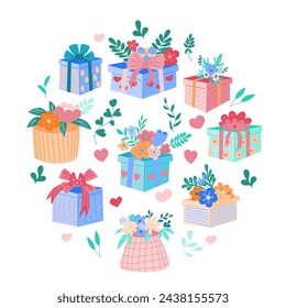 Set of cute gifts for spring holidays Easter decorated with flowers, leaves and bows, illustrations in a flat Hand -drawn cartoon style. Spring postcard. Around composition. 