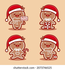 Set of cute ginger breads character christmas. Kawaii cartoon vector