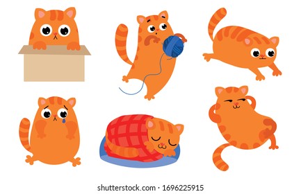 Set of the cute ginger cat with different emotions in various action situations. Vector illustration in a flat cartoon style.