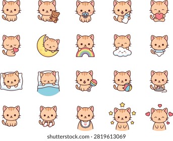 Set of cute ginger kitten icons with various daily activities and expressions on white background