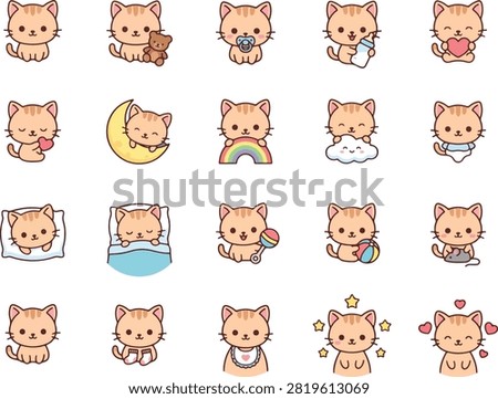 Set of cute ginger kitten icons with various daily activities and expressions on white background