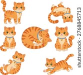 Set of Cute Ginger Orange Tabby Cat Cartoon Characters in Various Poses
