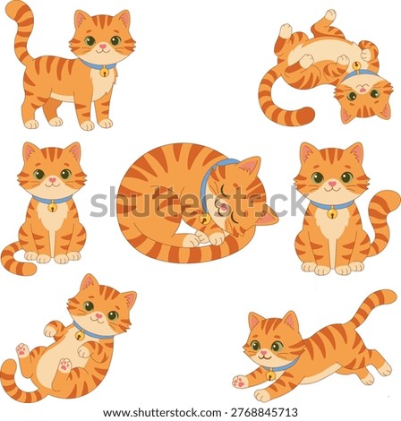 Set of Cute Ginger Orange Tabby Cat Cartoon Characters in Various Poses
