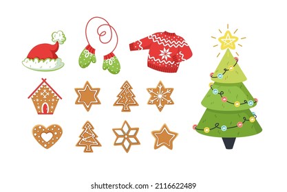 Set cute gingerbread christmas winter houses. Holiday candy cookies in buildings shapes, xmas tree, star, ginger cake man. Сhristmas elements set ginger christmas cookies, sweater, hat, mittens