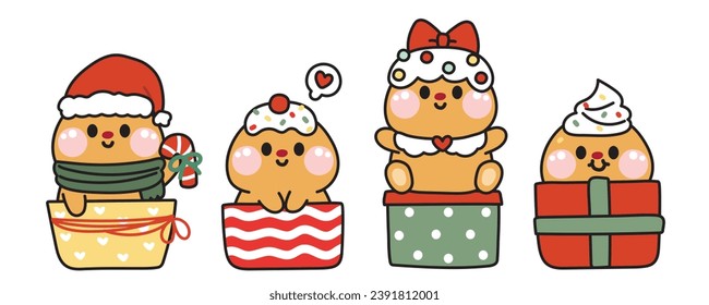 Juego de galletas de pan de jengibre adorables permanezcan en la caja de regalo.Concepto de navidad.Invierno.Festival.Año nuevo.Dulce, postre, refrigerio dibujado a mano.Diseño de caricaturas.Kawaii.Vector.Ilustración.