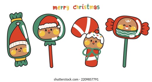Juego de galletas de jengibre adorables en dulces y postres. Colección de navidad.Diseño dibujado a mano por personajes de caricatura.Imagen para tarjeta, pegatina, pantalla de ropa de bebé.Invierno.Kawaii.Vector.Ilustración.