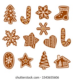 Set of cute gingerbread cookies for Christmas, New Year 2019. Isolated Christmas gingerbread cookie, winter holiday food. Xmas tree, toys, cane, heart, house, boot, fir tree, snowflake, star. Vector.