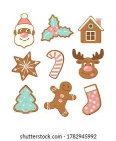 Set of cute gingerbread cookies for christmas. Isolated on white background. Vector illustration.