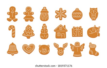 Set of cute gingerbread cookies for Christmas. Gingerbread house, man, snowflake, angel, reindeer, christmas tree. Isolated vector objects on white background