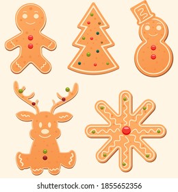 Set of cute gingerbread cookies. Christmas characters: snowman, gingerbread man, snowflake, reindeer and Christmas tree. Homemade baking. Bakery products. Isolated on light background.

