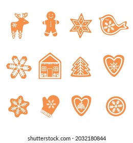 Set of cute gingerbread cookies for Christmas. Vector illustration isolated on white background.