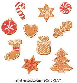 Set of cute gingerbread cookies for christmas. Christmas gingerbread cookies, winter holiday food. Vector Xmas tree and ball, cane and heart and house and gift box.  Isolated on white background 