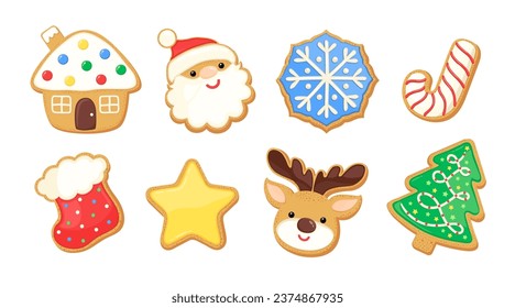 Set of cute gingerbread cookies for Christmas. Holiday sugar cookie icons isolated on white background. Christmas sweet food vector illustration. Home bakery clipart. Gingerbread house, santa, deer.