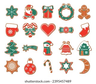 Set of cute gingerbread cookies for christmas. Isolated on white background. Vector illustration.