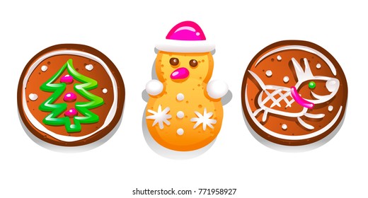 Set of cute gingerbread cookies for Christmas. Isolated on white background. Vector illustration