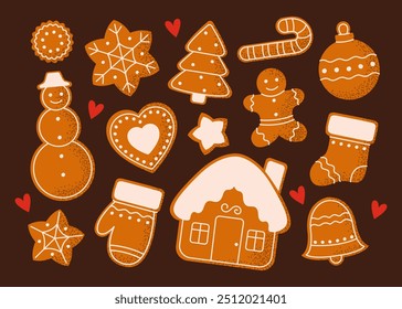 Conjunto de galletas de jengibre lindas decoradas con glaseado. Navidades caseras festivas. Ilustración vectorial plana.