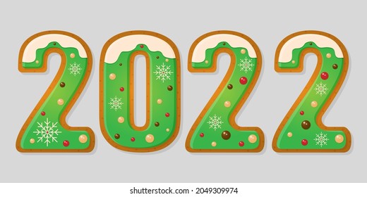 A set of cute gingerbread cookies with icing in the form of green numbers. Sweets for Christmas. Vector graphics. 2022
