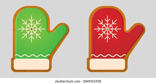 A set of cute gingerbread cookies, with icing and snowflakes, in the shape of a mitten. Sweets for Christmas. Vector graphics.
