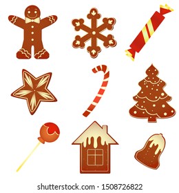 Set of cute gingerbread cookies and other sweets for christmas. Isolated on white background. Vector illustration. 