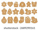 Set of cute gingerbread cookies with white icing, festive Christmas shapes, clean vector clipart.
