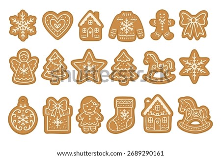 Set of cute gingerbread cookies with white icing, festive Christmas shapes, clean vector clipart.