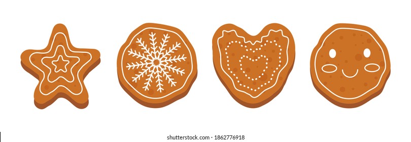 
Set of cute gingerbread cookies with winter ornament. A gingerbread heart, a snowflake, a star and a gingerbread man face. Shaped cookies isolated on white background in flat design
