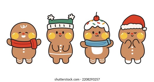 Set of cute gingerbread cookies in winter costume hand drawn.Merry christmas collection.Cartoon character design.Sweet.Dessert.Kawaii.Vector.Illustration.