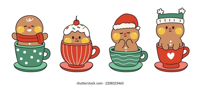 Set of cute gingerbread cookies in winter costume stay in cup.Merry christmas collection.Cartoon character hand drawn design.Sweet.Dessert.Kawaii.Vector.Illustration.