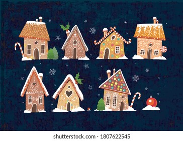 Set of cute gingerbread houses with christmas decorations