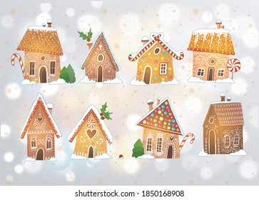 Set of cute gingerbread houses with christmas decorations on white glowing background