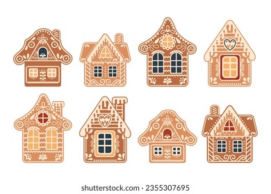 A set of cute gingerbread houses. Festive decor elements, traditional symbols illustration in flat cartoon style. Vector