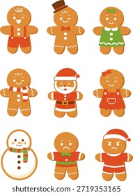 Conjunto de galletas de personaje de hombre de jengibre lindo con diferentes emociones. Ilustración vectorial de dibujos animados de vacaciones de Navidades