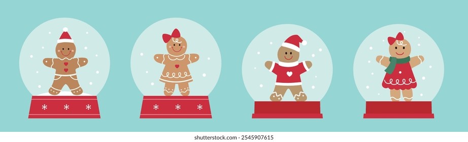 Conjunto de bonito gengibre homem bola de neve plana vetor ilustração stock.