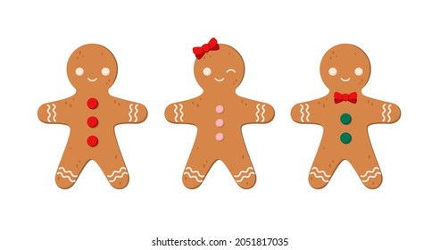A set of cute gingerbread men in cartoon style.
